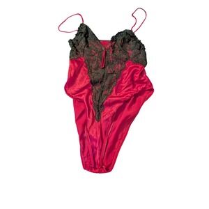Vintage Laura Faye Red Satin Black Lace Bodysuit Coquette Romantic Large